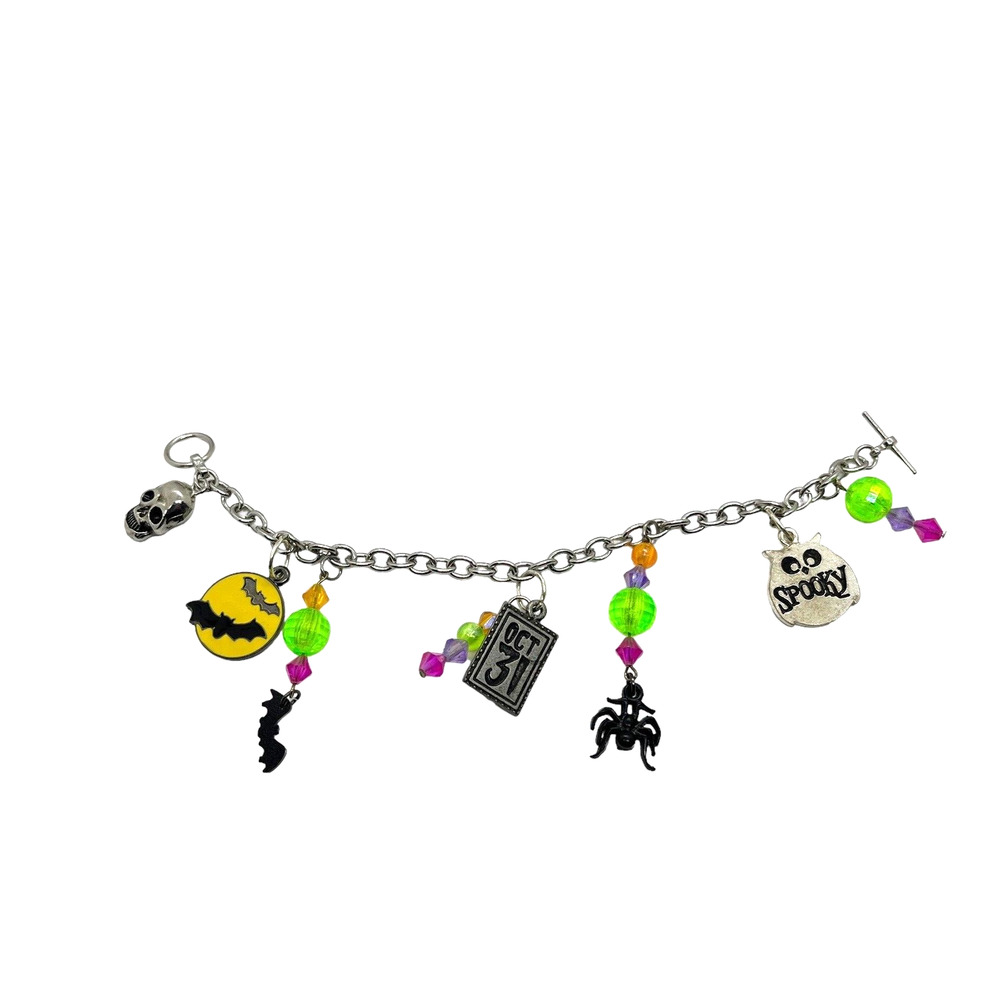 Halloween Charm Bracelet Silver Tone Bat Ghost Spider Skull Handmade Toggle